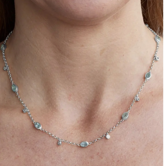 NWT Genuine Aquamarine Birthstone 18" Sterling Silver Station Necklace - Picture 2 of 5